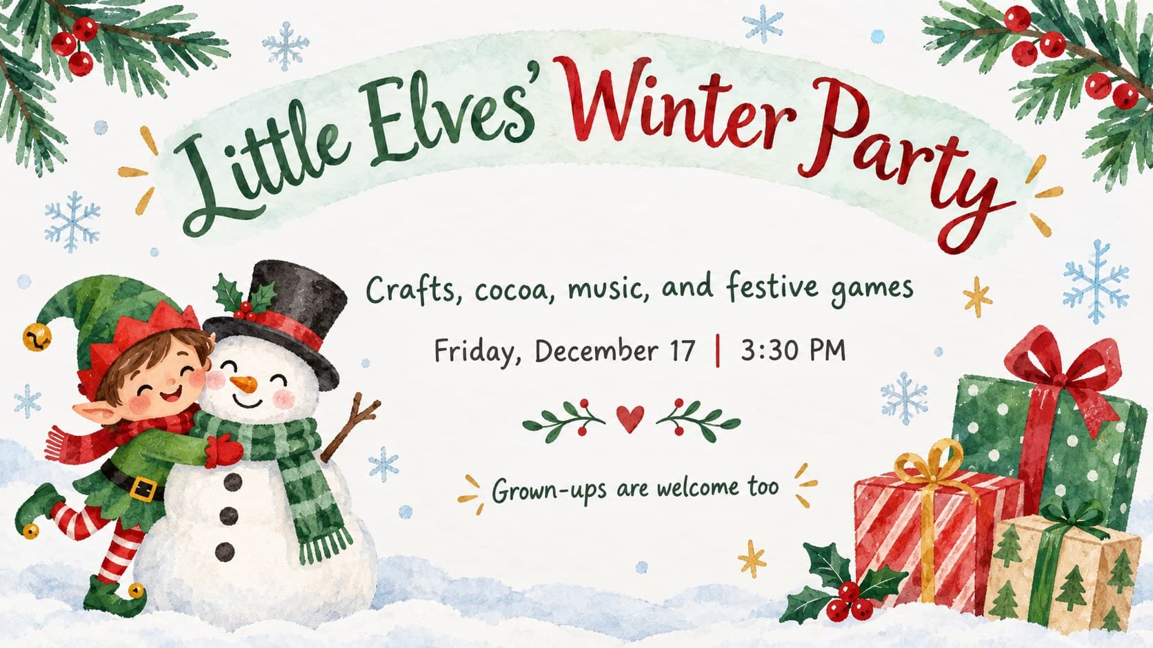 Cute winter celebration invitation for children featuring original watercolor characters and playful party details.
