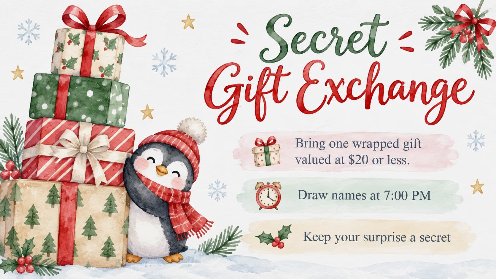 Watercolor gift exchange invitation slide with pastel presents, snowflakes, and participation instructions.
