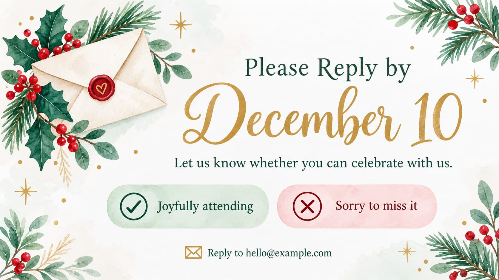 Holiday party RSVP slide with watercolor envelope artwork and clear response options.