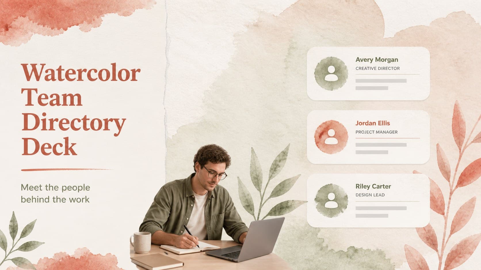 Cover slide for a watercolor team directory deck with a refined beige background and red botanical accents.