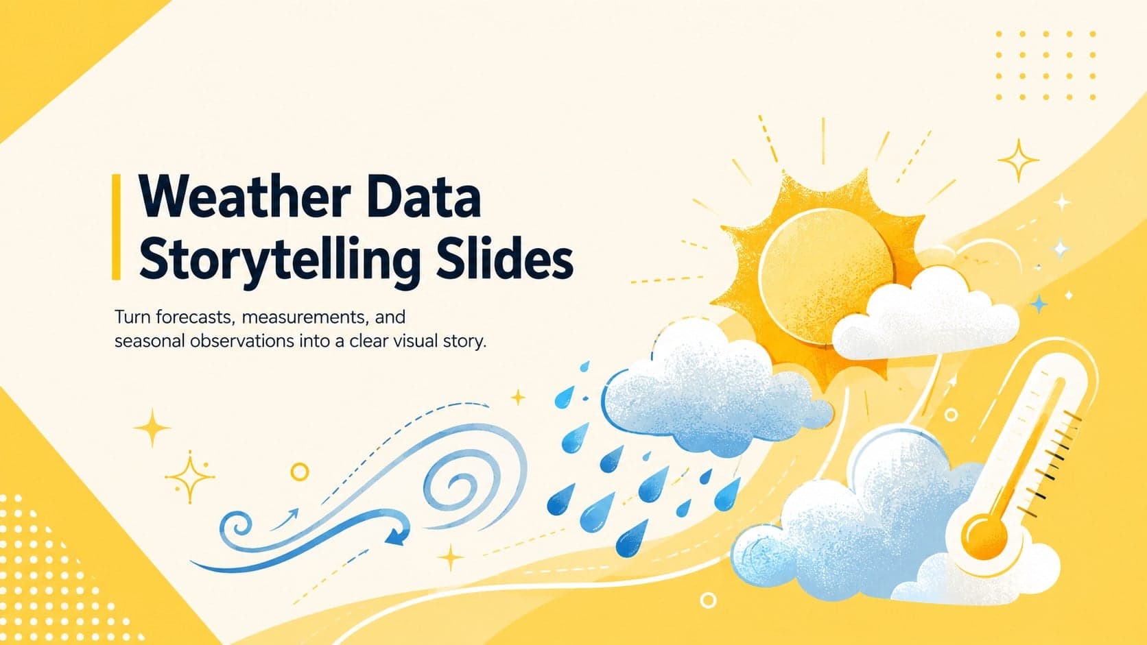 Cover for Weather Data Storytelling Slides with bright yellow meteorology illustrations and a clean science presentation layout.