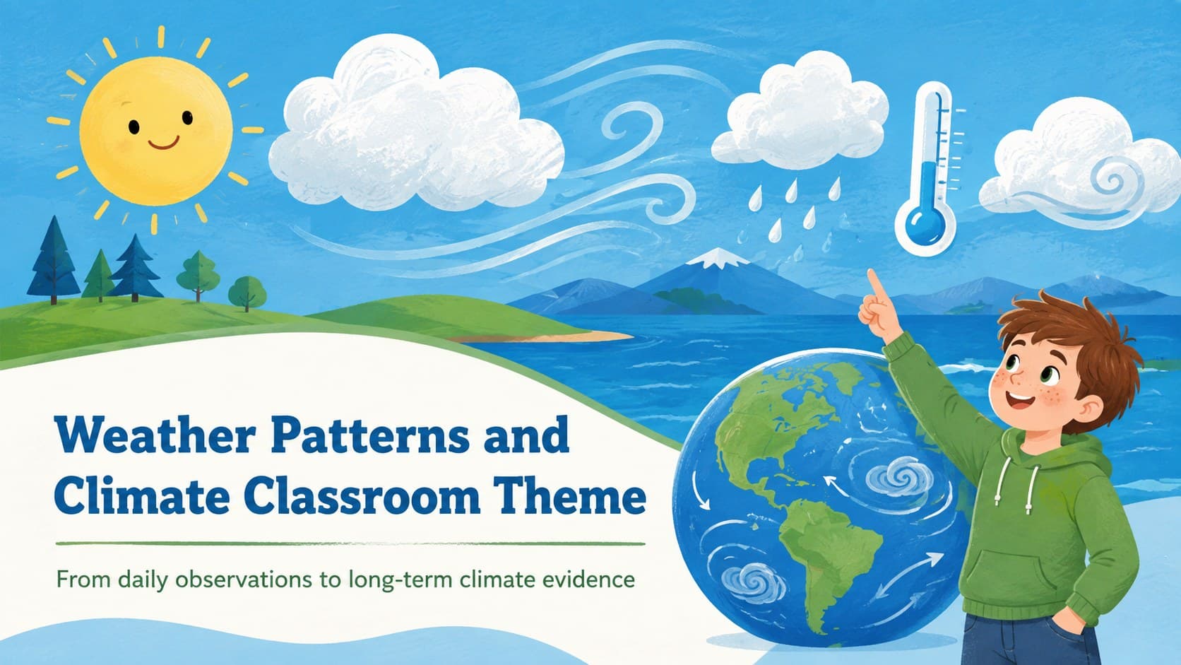 Cover for the Weather Patterns and Climate Classroom Theme with playful blue and green atmospheric illustrations.
