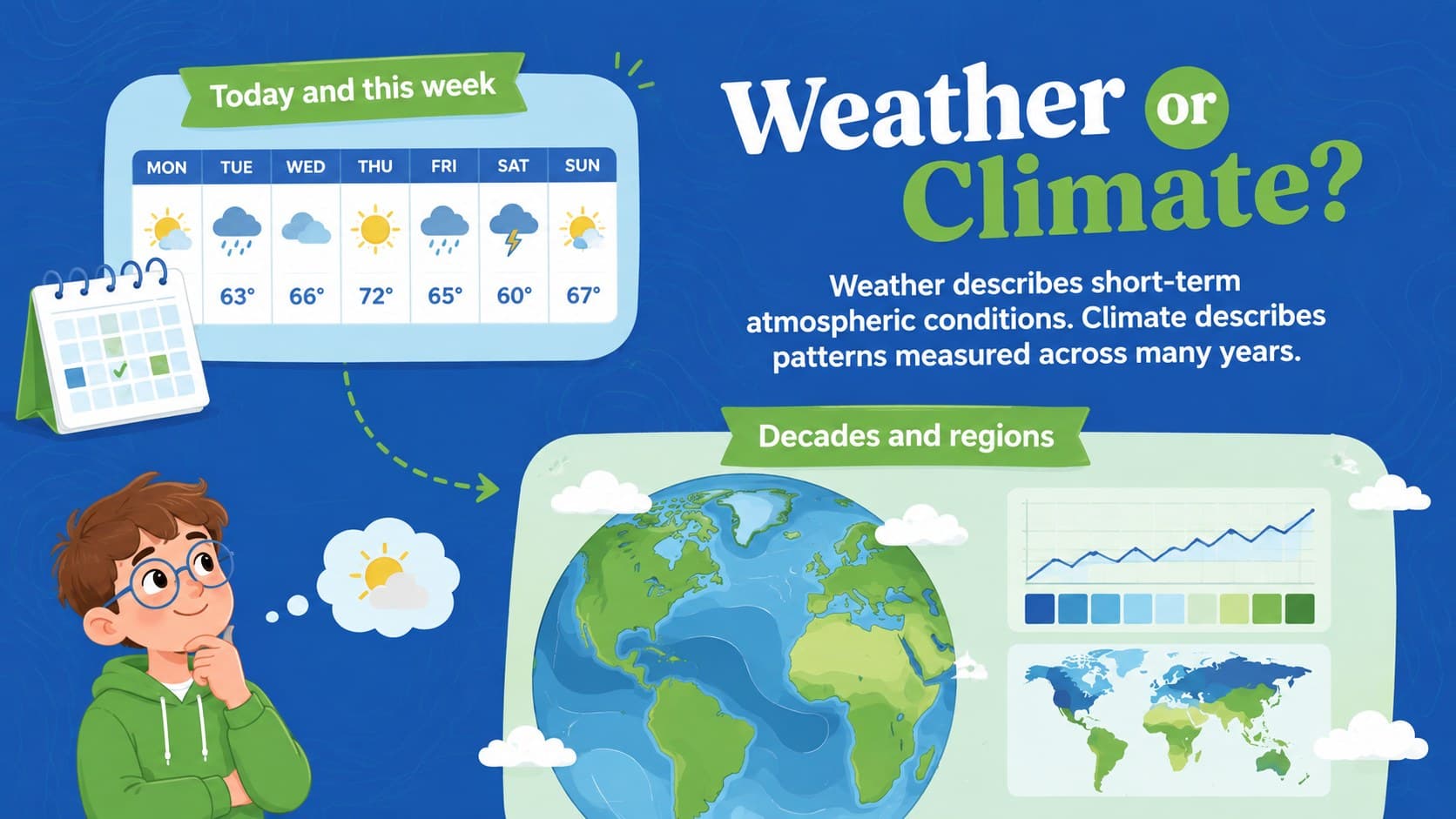Middle school weather and climate comparison slide explaining short-term conditions and long-term patterns.