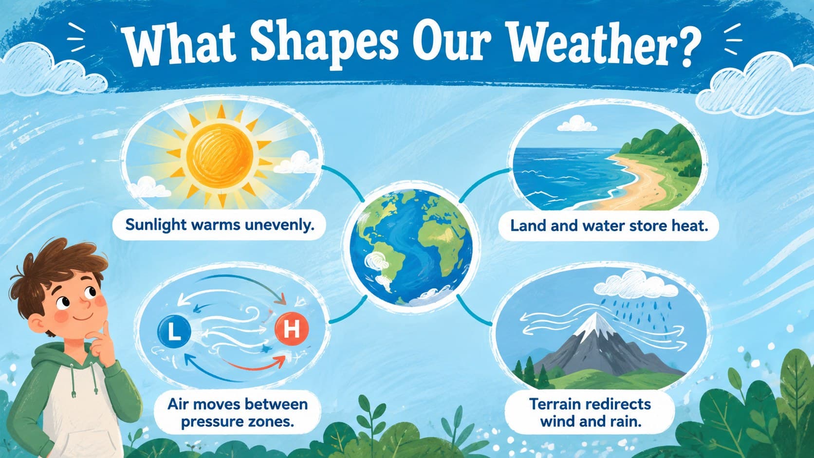 Atmospheric science lesson slide showing how sunlight, land, water, and air influence weather patterns.