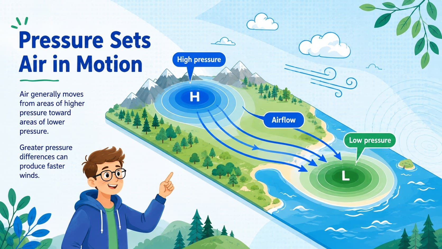 Blue and green science slide illustrating the relationship between air pressure and wind.