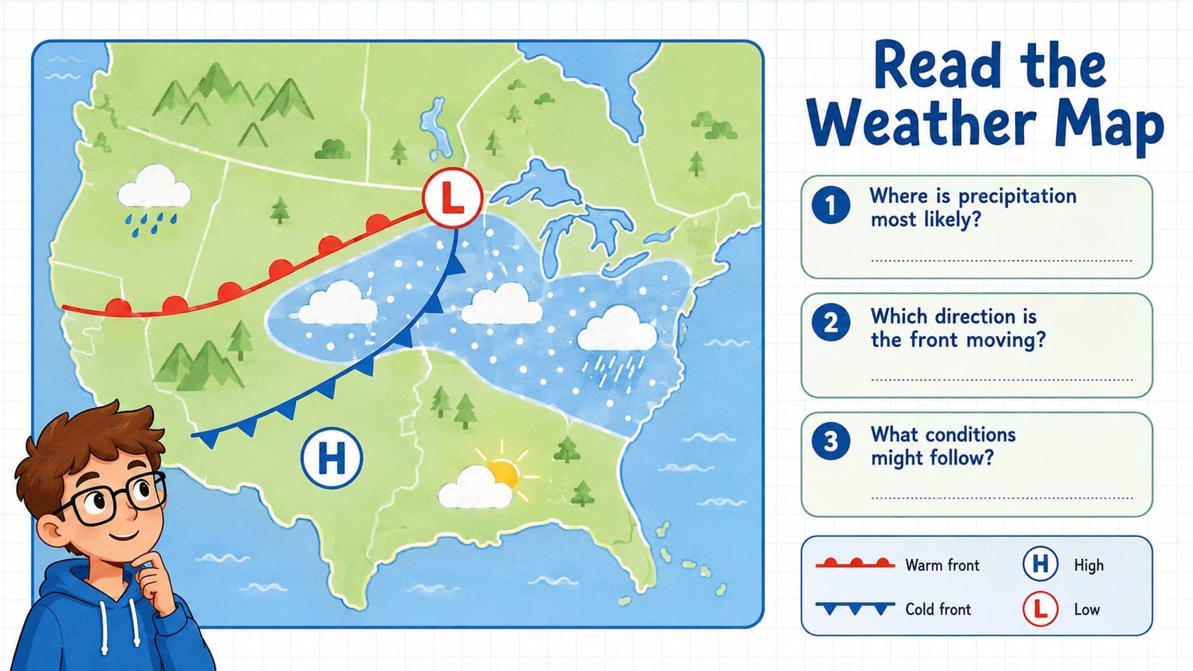Weather map reading classroom activity with symbols for fronts, pressure systems, wind, and precipitation.