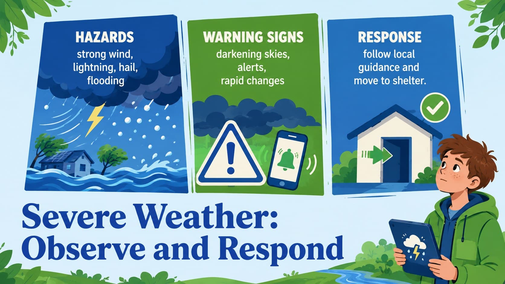 Severe weather classroom slide outlining hazards, warning signs, and safe responses.