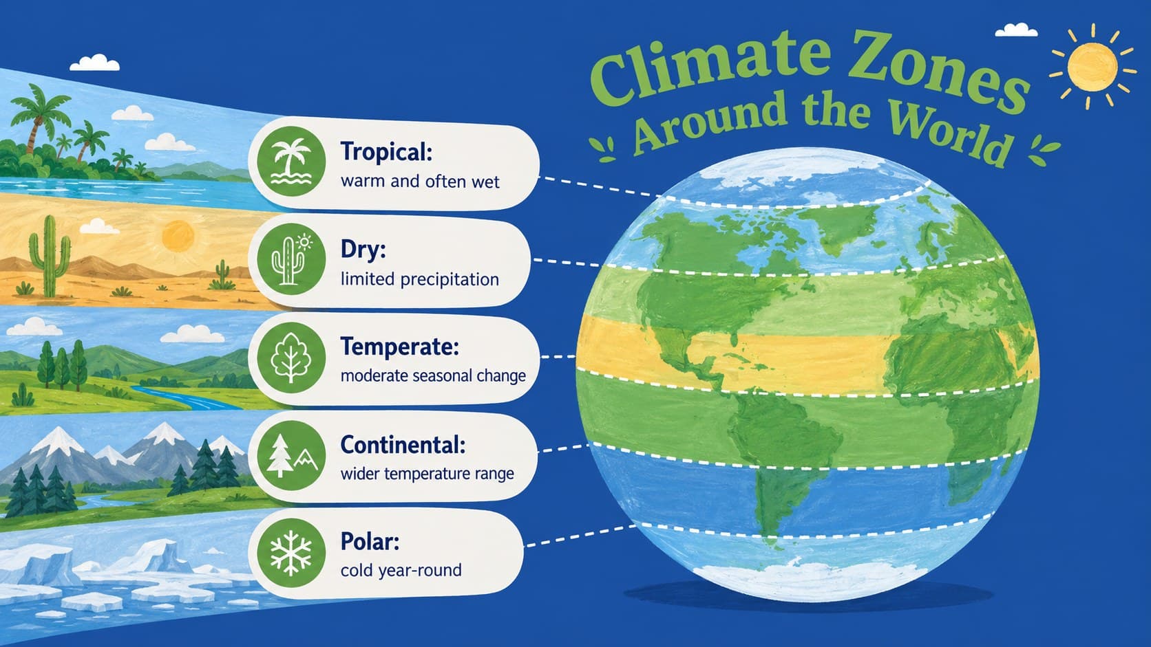 Climate zones lesson PowerPoint layout comparing tropical, dry, temperate, continental, and polar regions.