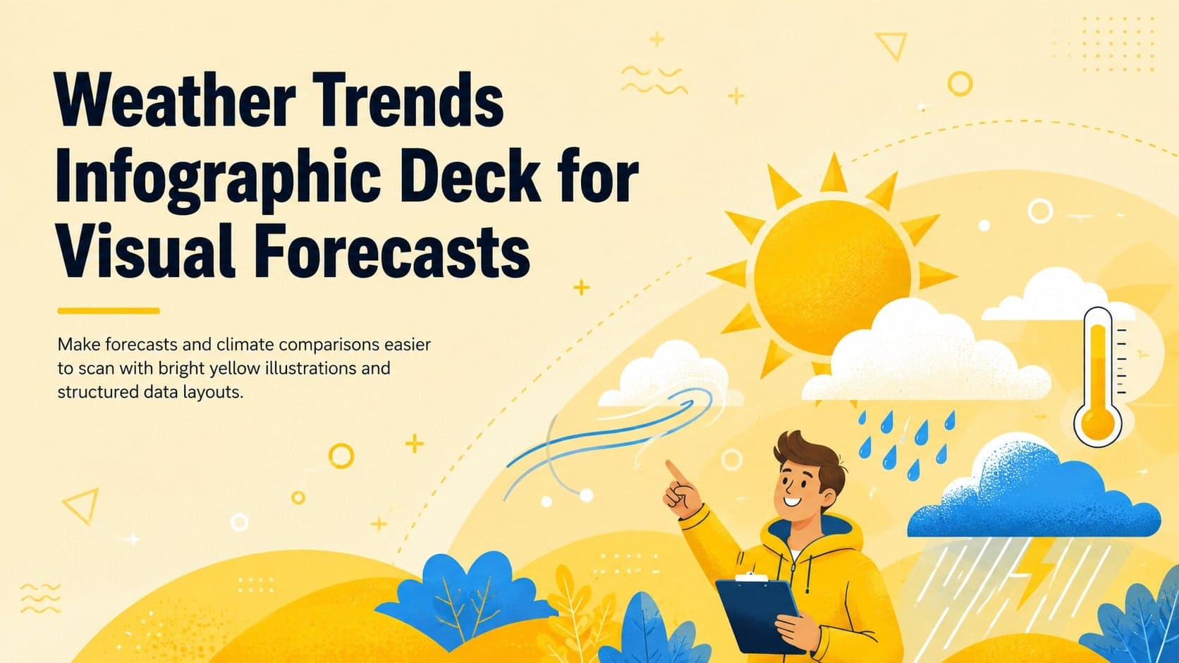 Yellow cover for a weather trends infographic deck featuring sun, cloud, rain, and temperature illustrations.