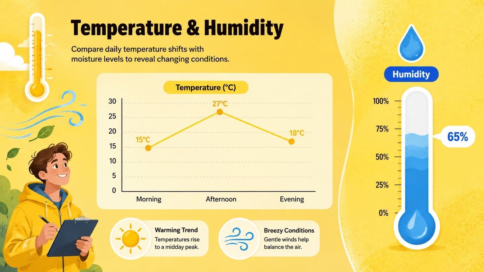 Temperature and humidity comparison layout using yellow charts, weather symbols, and concise data annotations.