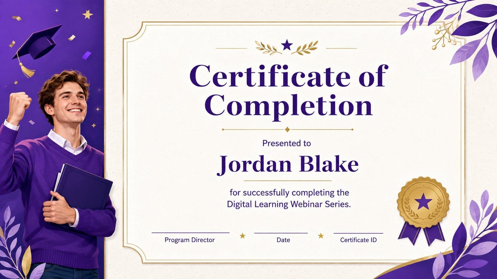 Violet university webinar certificate template recognizing a learner for successful completion.