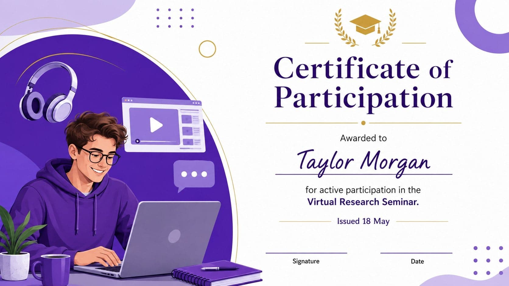 Illustrated virtual seminar participation certificate with violet accents and editable recipient details.