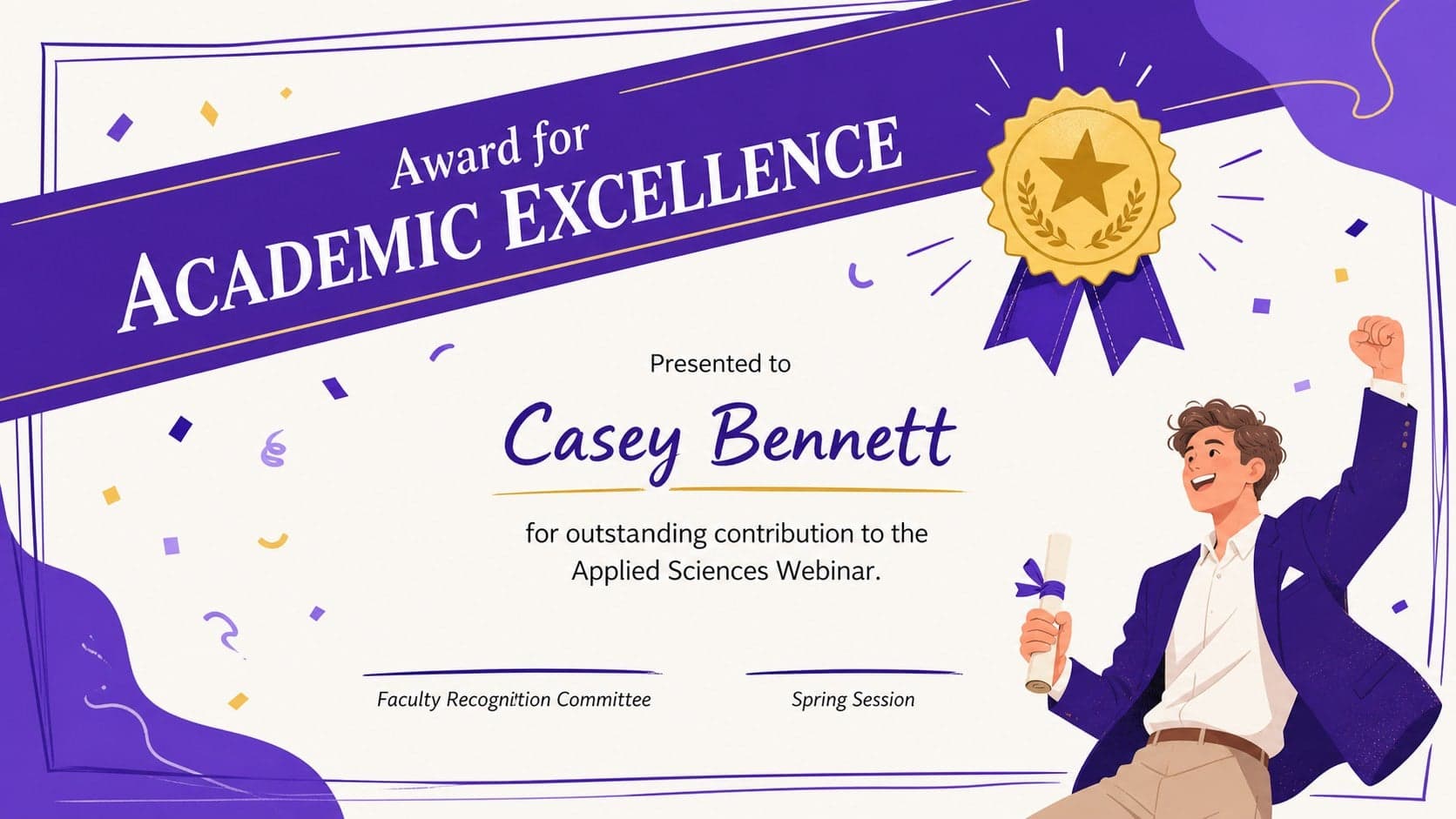 Academic excellence certificate slide with an illustrated medal and rich violet framing.