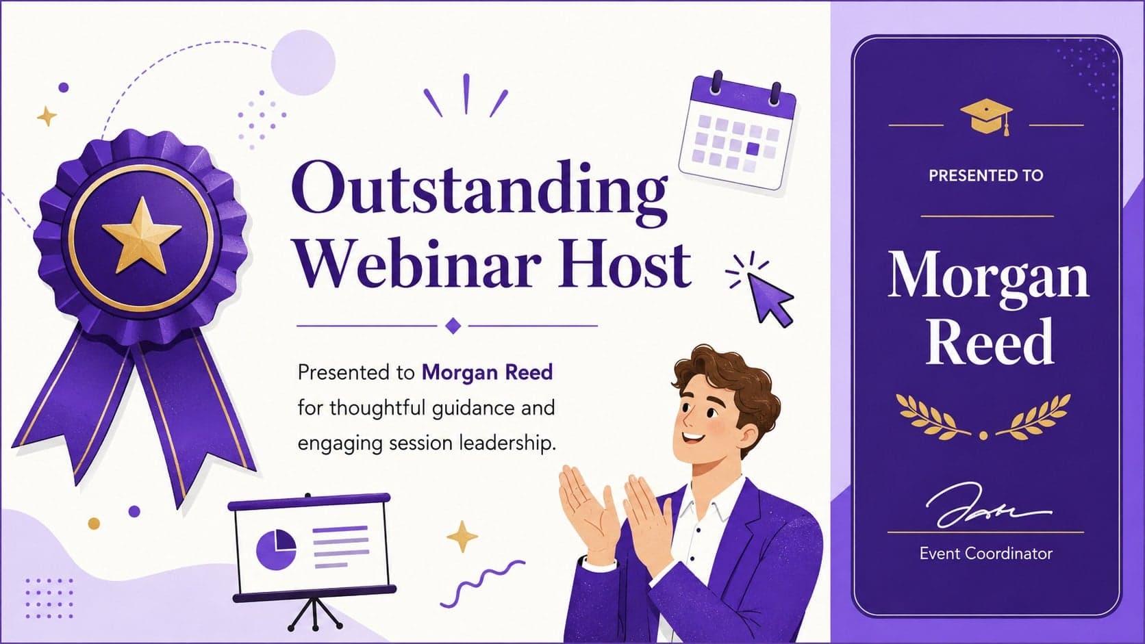 Webinar host recognition certificate with violet ribbons and original academic illustrations.