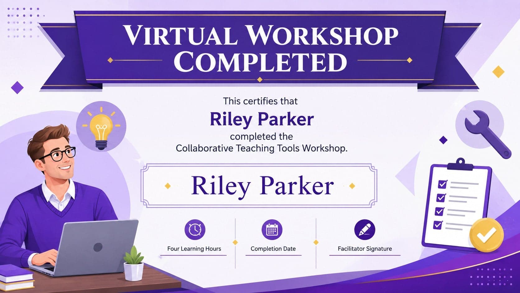 Virtual workshop completion certificate featuring editable academic text and violet artwork.