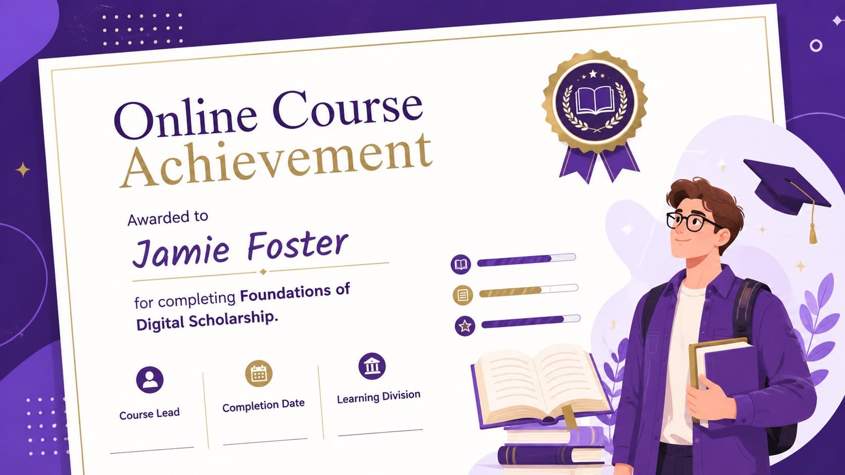 Online course completion award template with a violet seal and illustrated study symbols.
