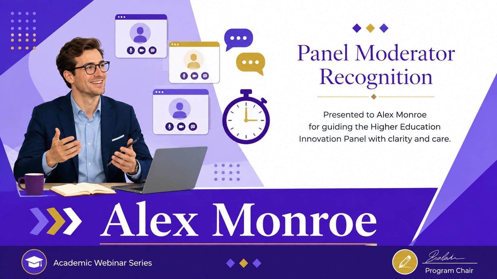 Panel moderator recognition slide designed as a colorful university webinar certificate.