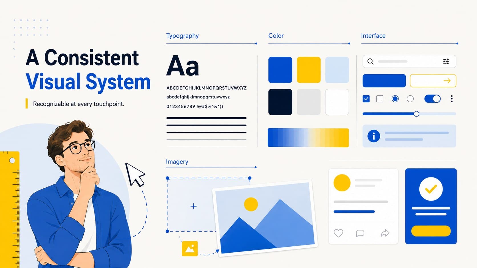 Website design system slide displaying typography, color, interface, and imagery principles.