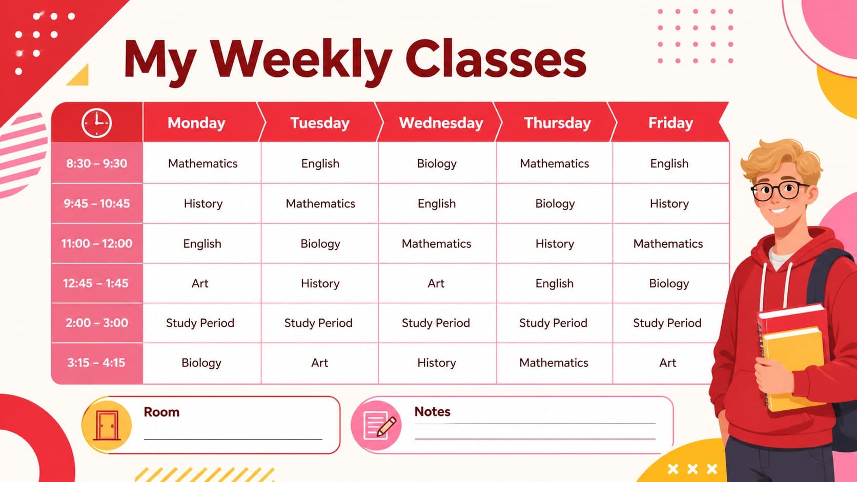 Editable school schedule showing weekday columns, hourly rows, and color-coded course blocks.