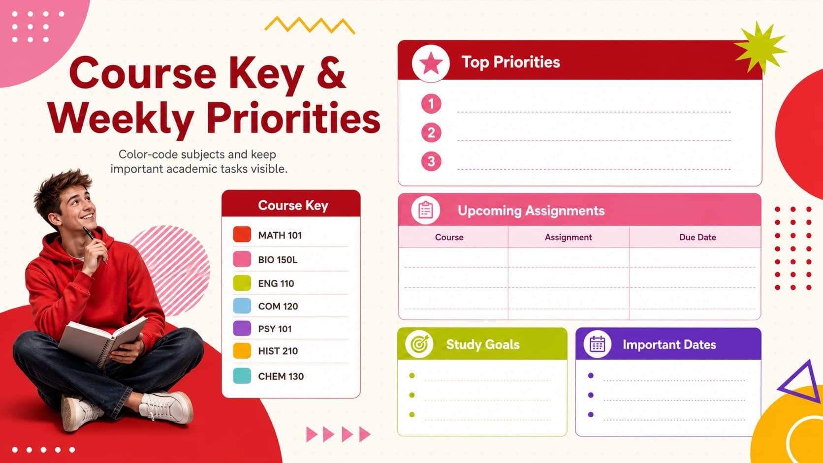 Colorful academic weekly planner with a course key, priorities, and upcoming assignment fields.