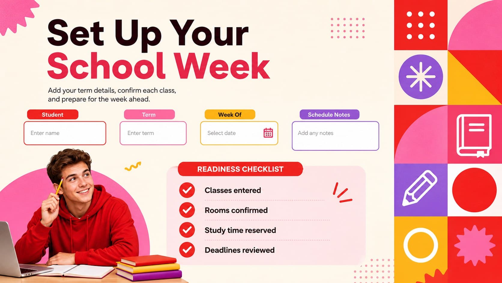 Personalized student timetable overview with schedule setup fields and a weekly readiness checklist.