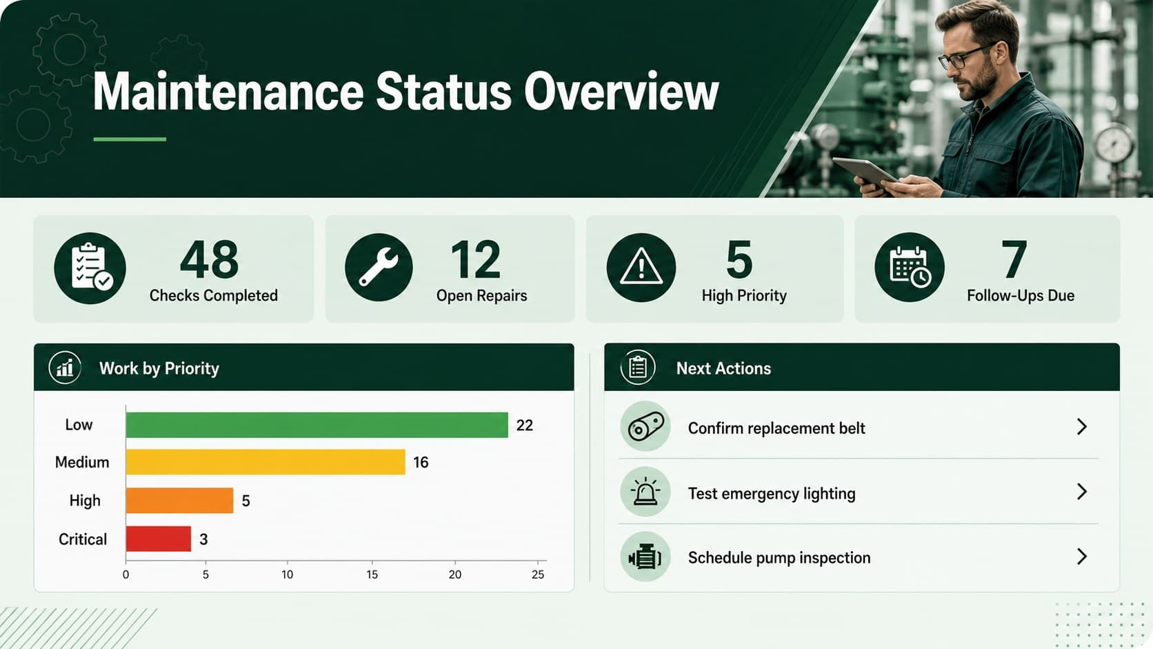 Green maintenance priority and status tracker summarizing open repairs and completed equipment checks.