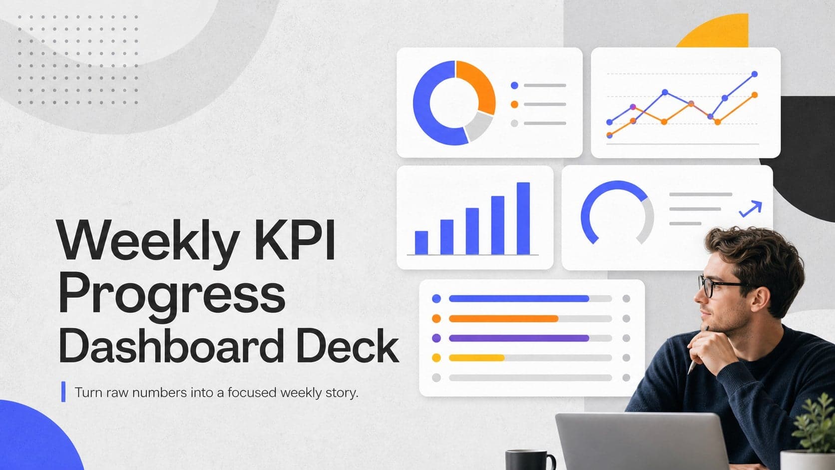 Cover for a Weekly KPI Progress Dashboard Deck with a modern grey business design and colorful data accents.