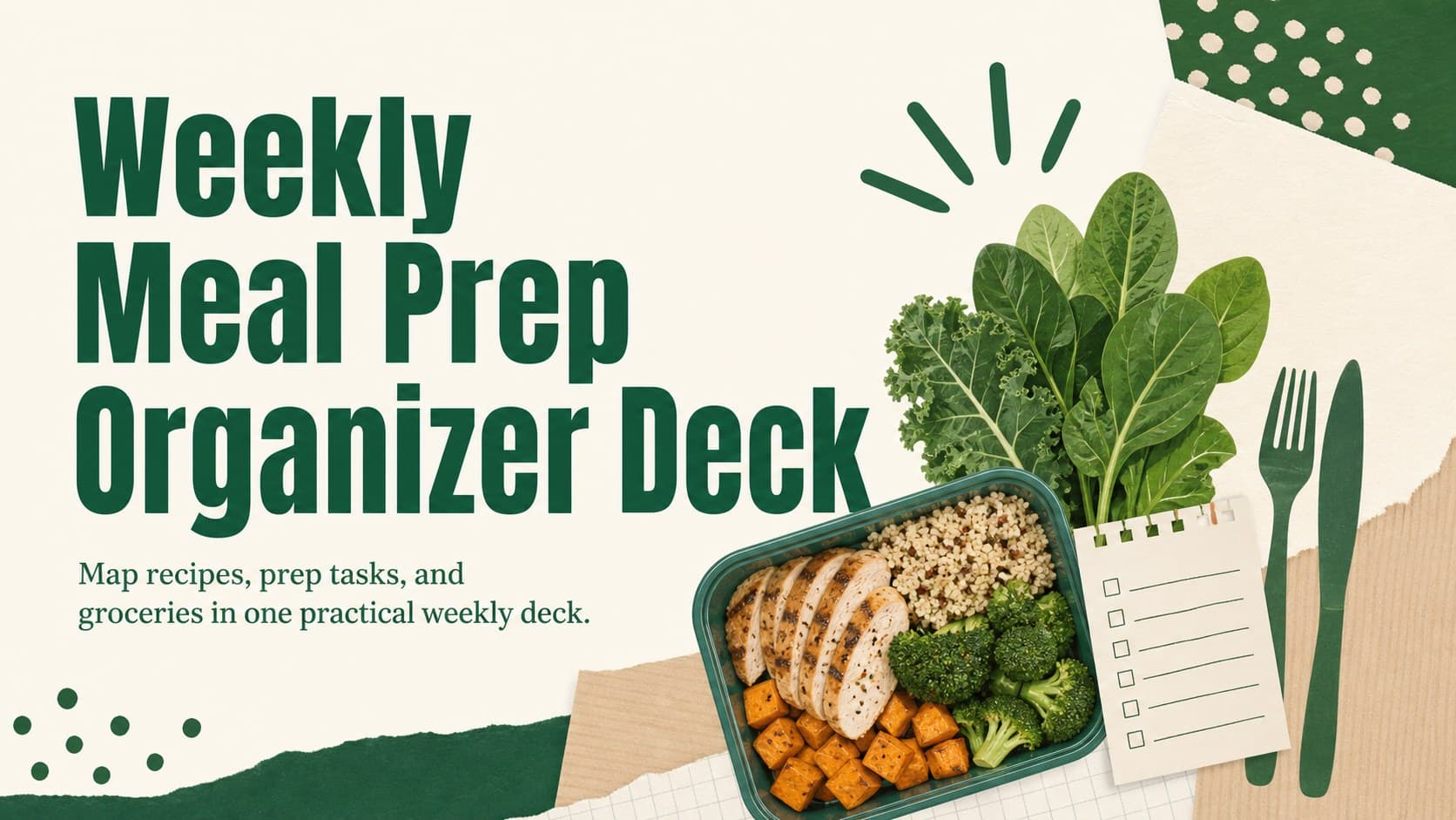 Cover of the Weekly Meal Prep Organizer Deck in a bold beige and green food-planning style.