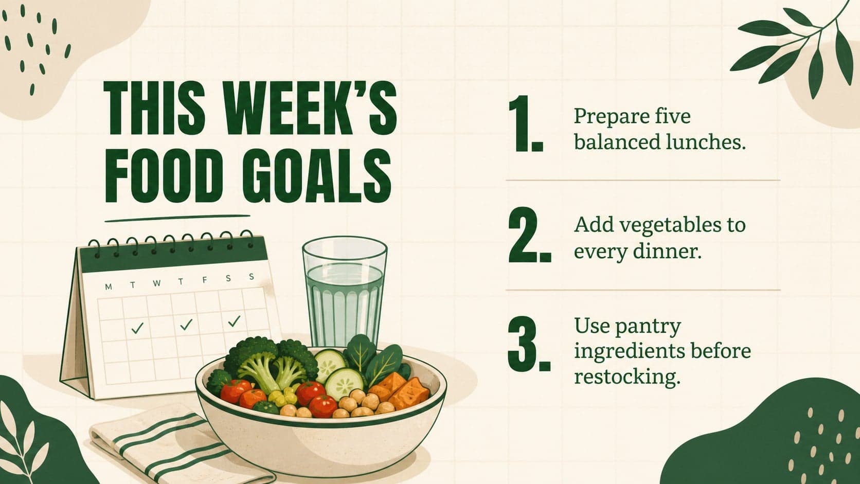 Weekly food goals slide outlining priorities for a practical meal prep routine.