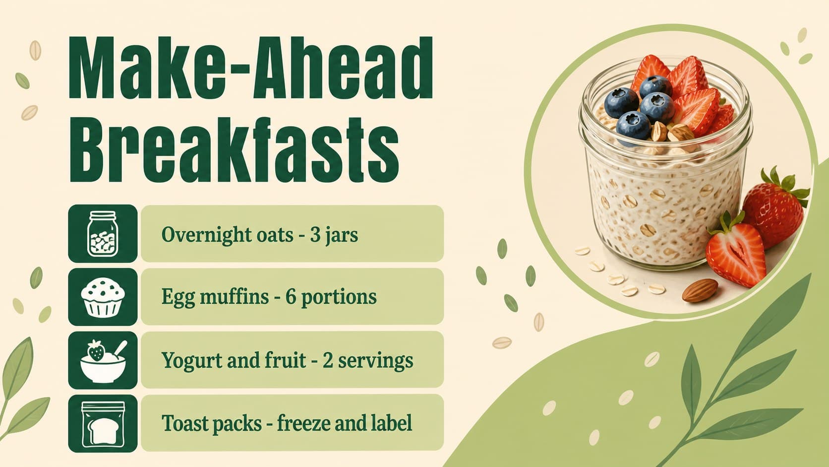 Breakfast planner slide with make-ahead meal ideas and preparation notes.