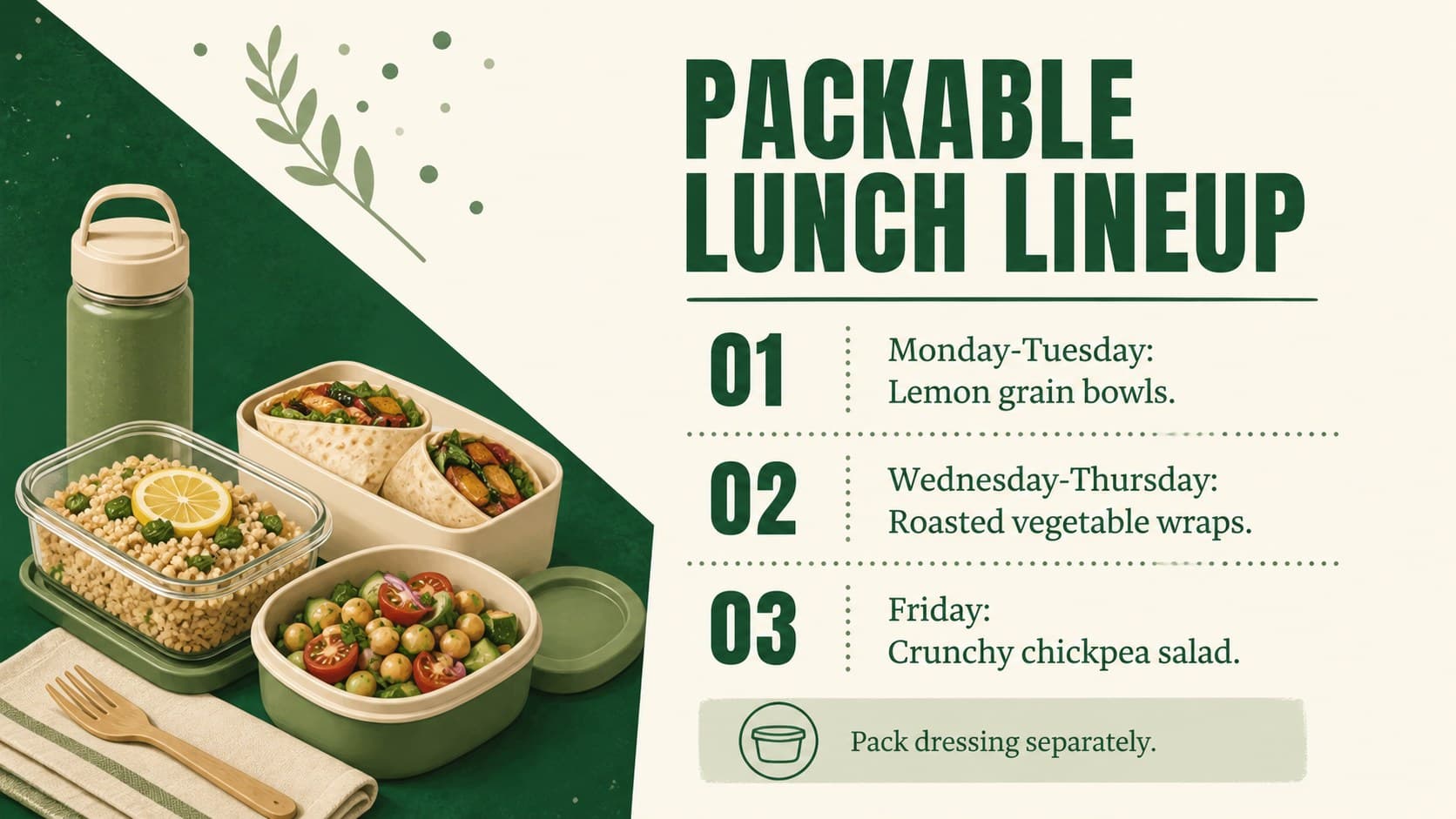 Lunch planning slide presenting portable meal combinations for the working week.