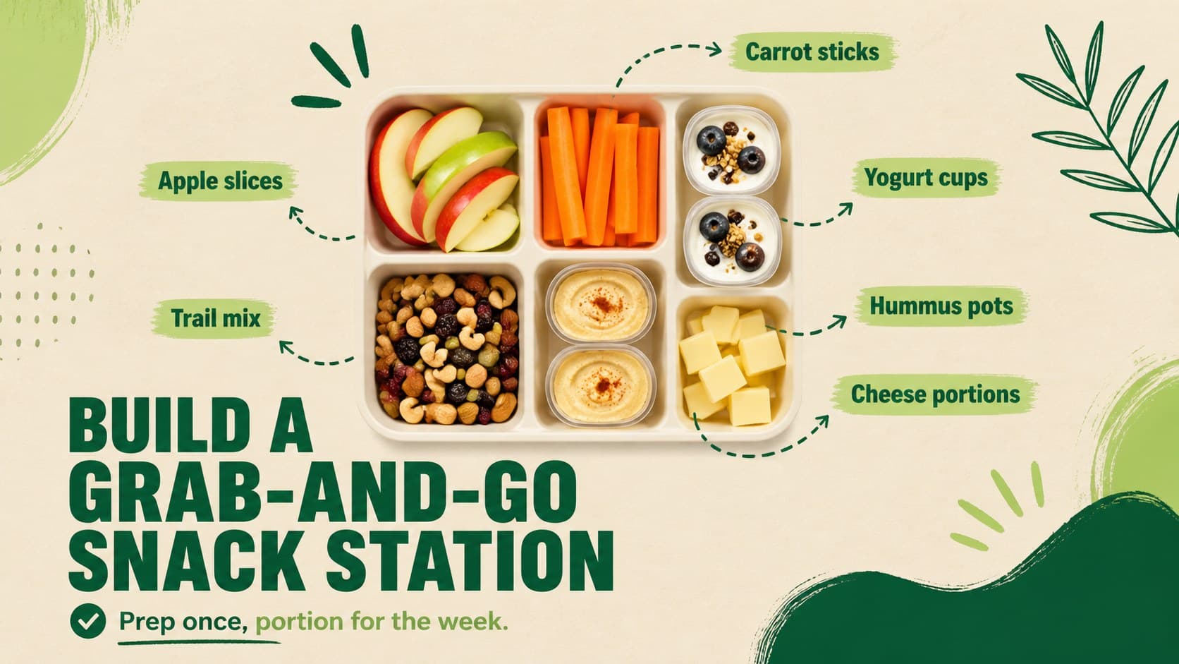 Snack station planner featuring portioned fruit, vegetables, and protein choices.