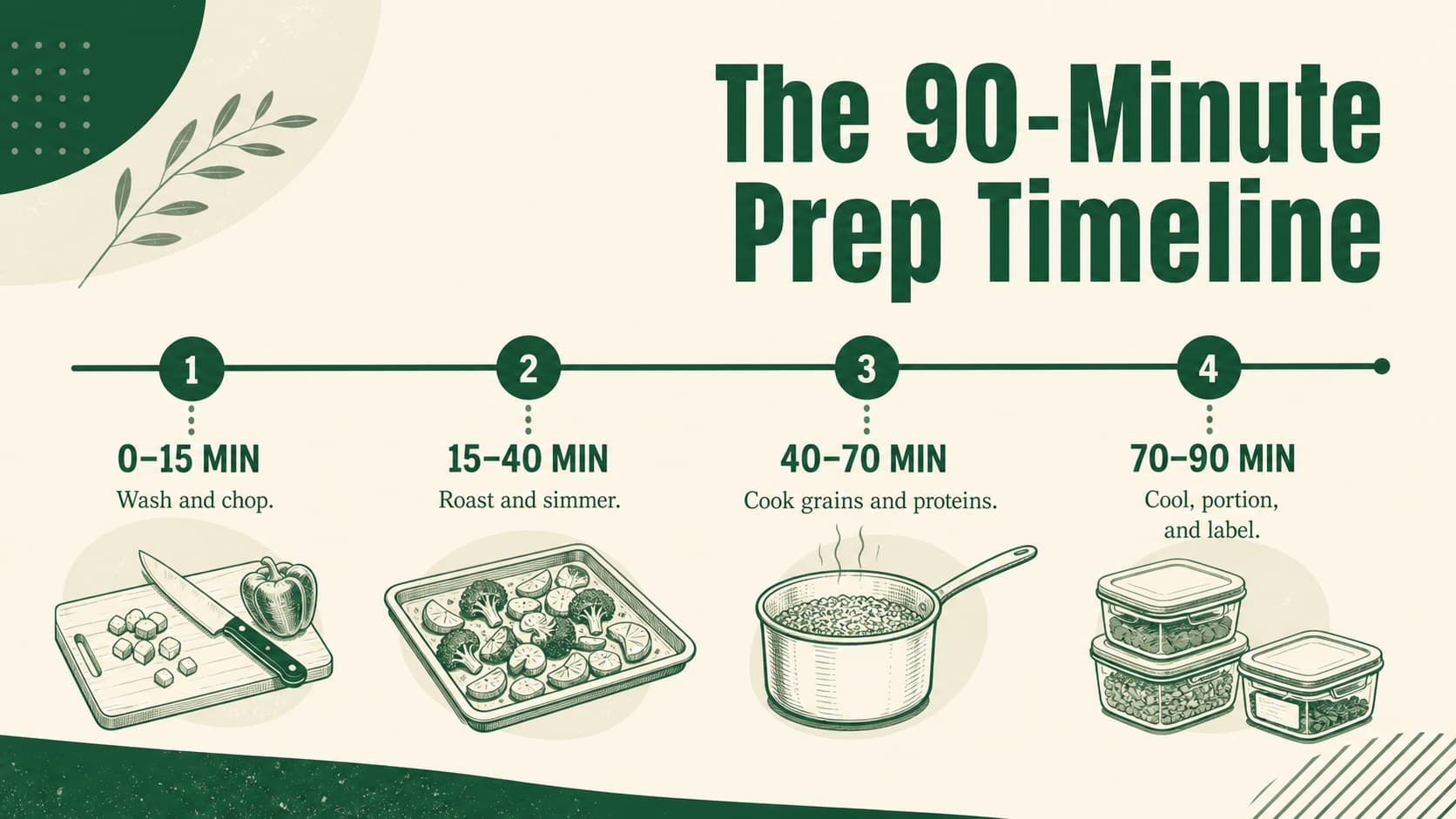 Meal prep timeline slide dividing cooking tasks into a clear ninety-minute sequence.