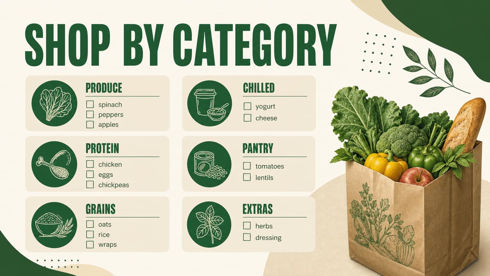 Editable grocery planning slide with a categorized shopping checklist.