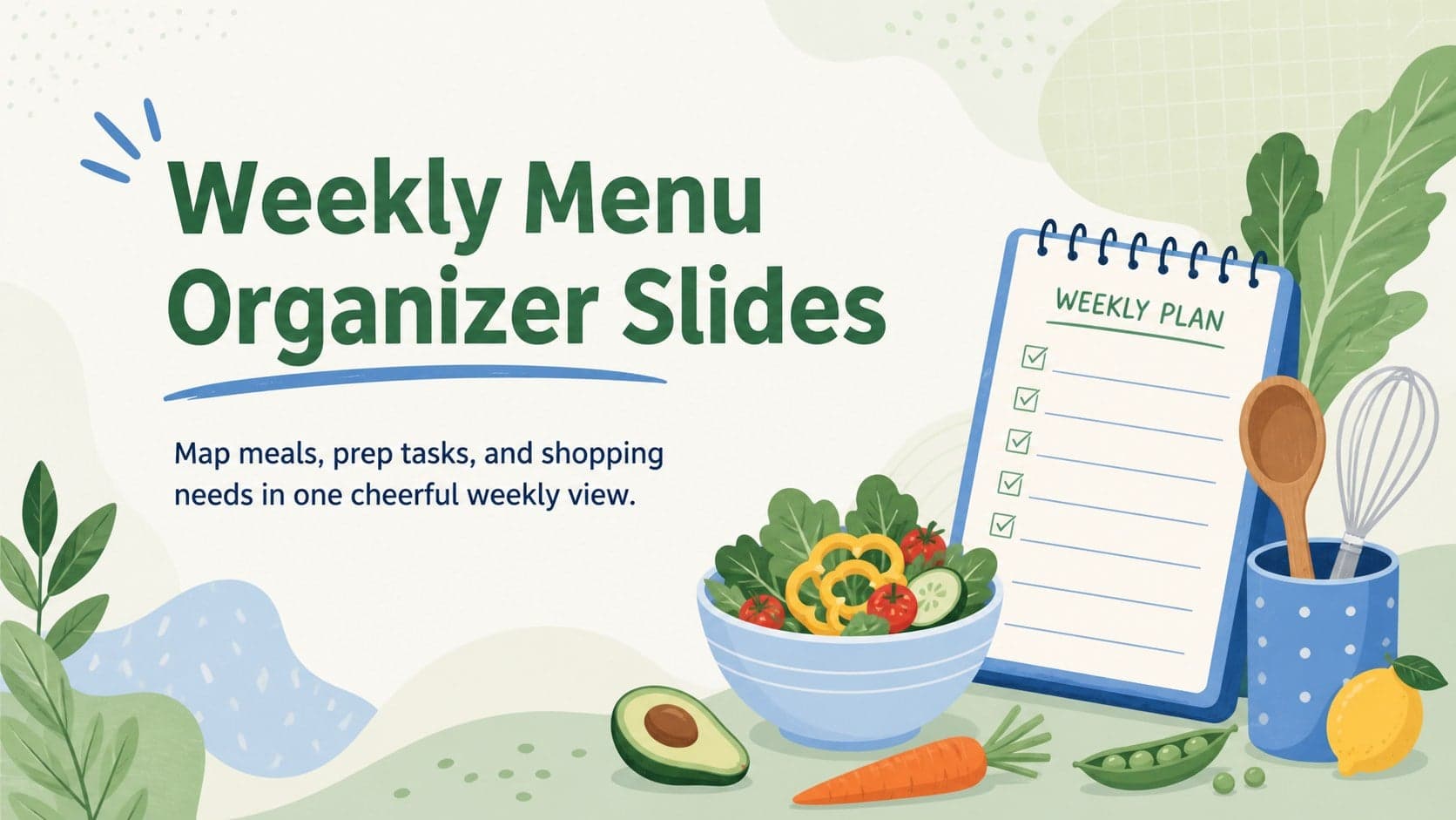 Cover for Weekly Menu Organizer Slides with green and blue food illustrations surrounding a weekly planning headline.