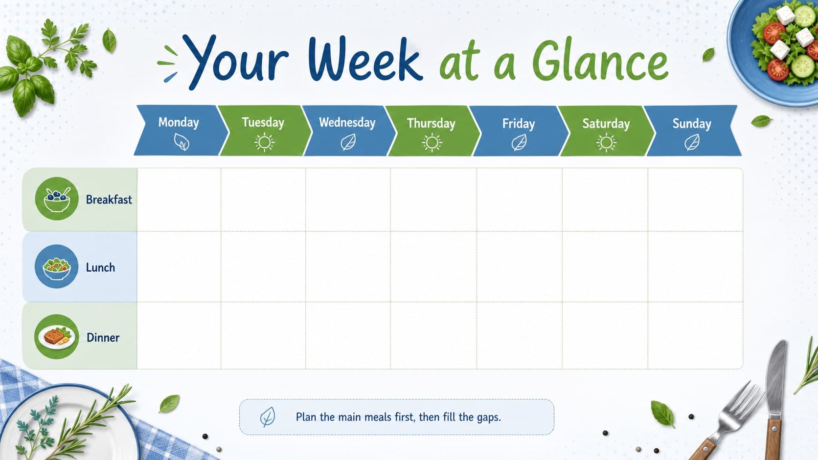 Illustrated weekly menu planner slide with editable spaces for breakfast, lunch, and dinner across seven days.
