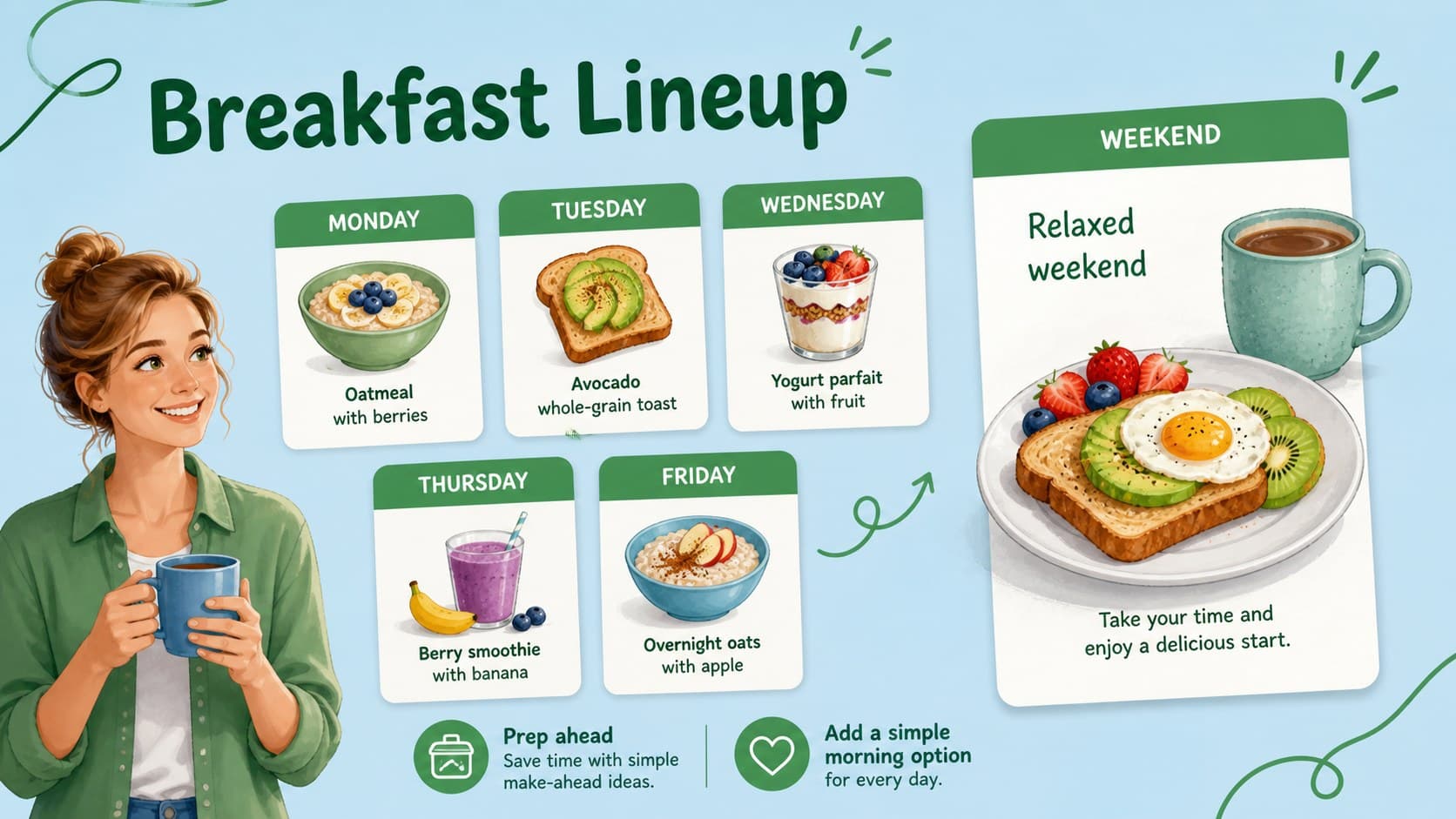 Breakfast planning slide featuring weekday meal spaces and cheerful green and blue morning food illustrations.