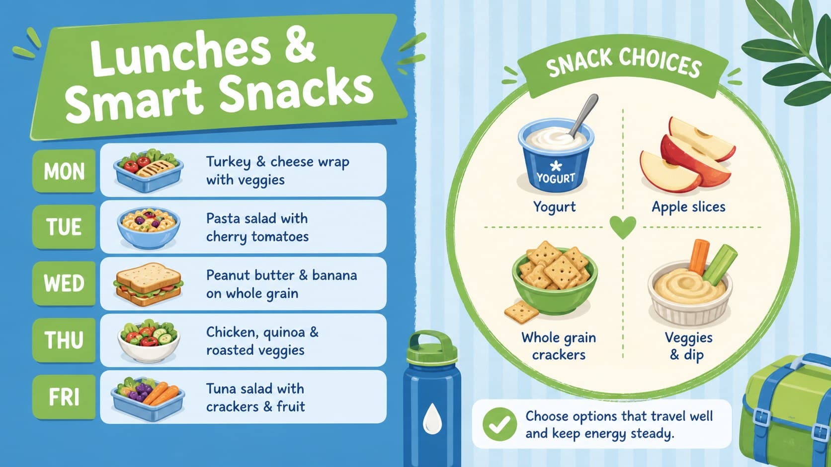 Lunch and snack organizer slide with illustrated containers, fruit, and editable weekday planning columns.
