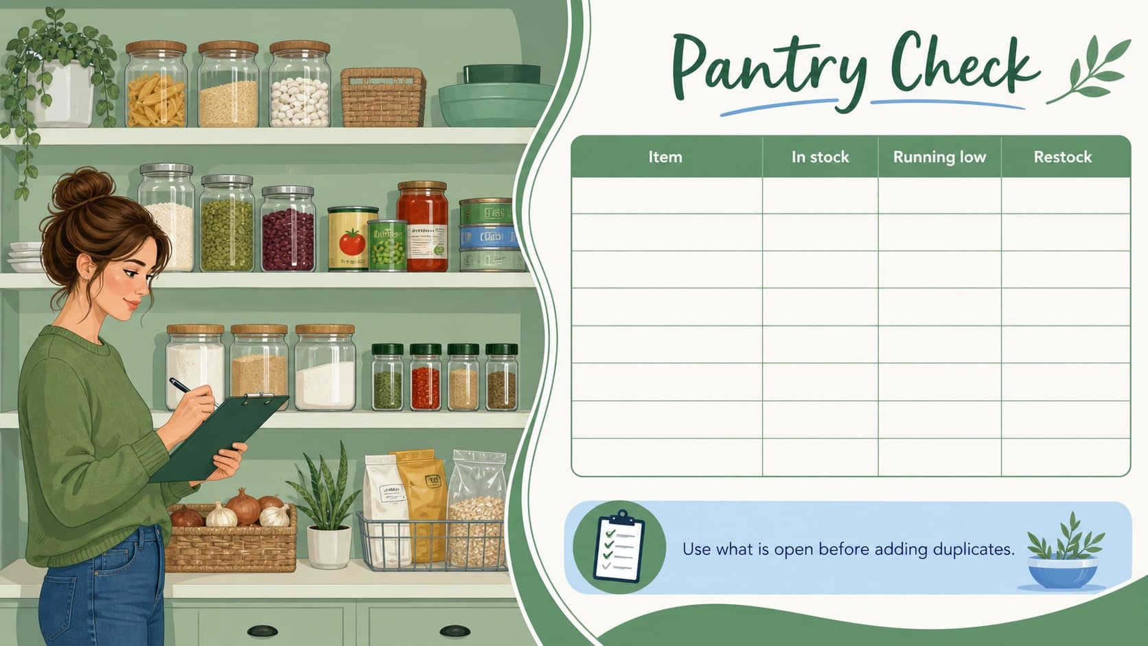 Pantry inventory checklist slide with stock levels, refill notes, and green and blue shelf illustrations.