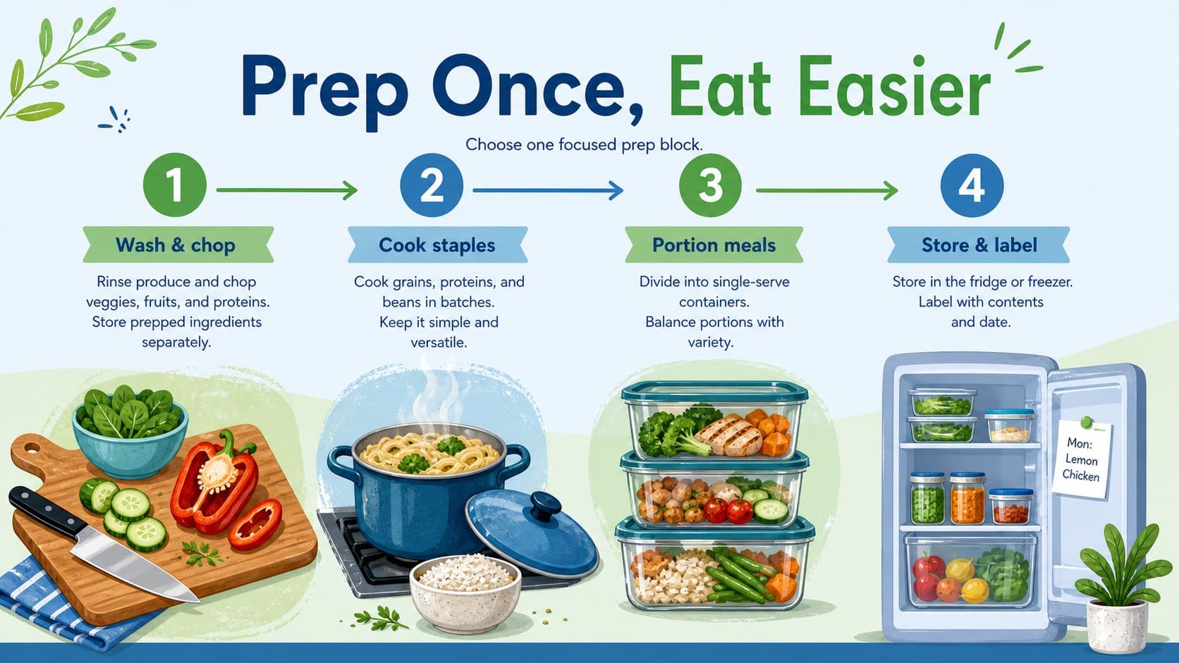 Healthy meal prep schedule template showing timed batch-cooking tasks in an illustrated weekly workflow.