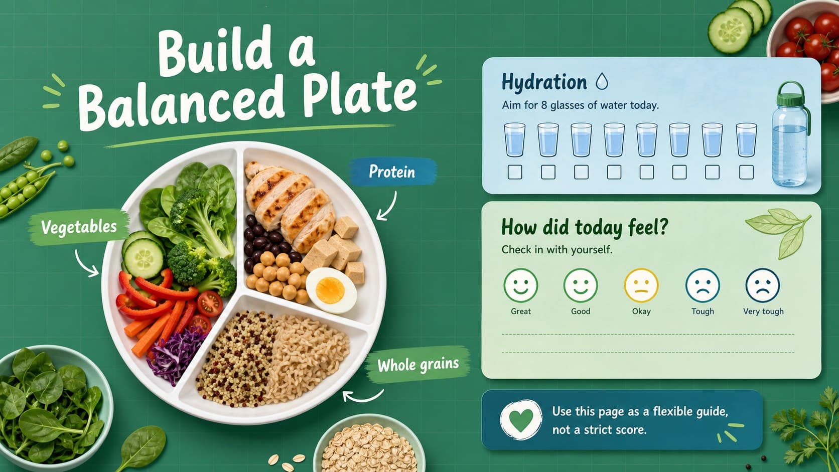 Nutrition and menu tracking deck slide with balanced plate sections and daily hydration checkboxes.
