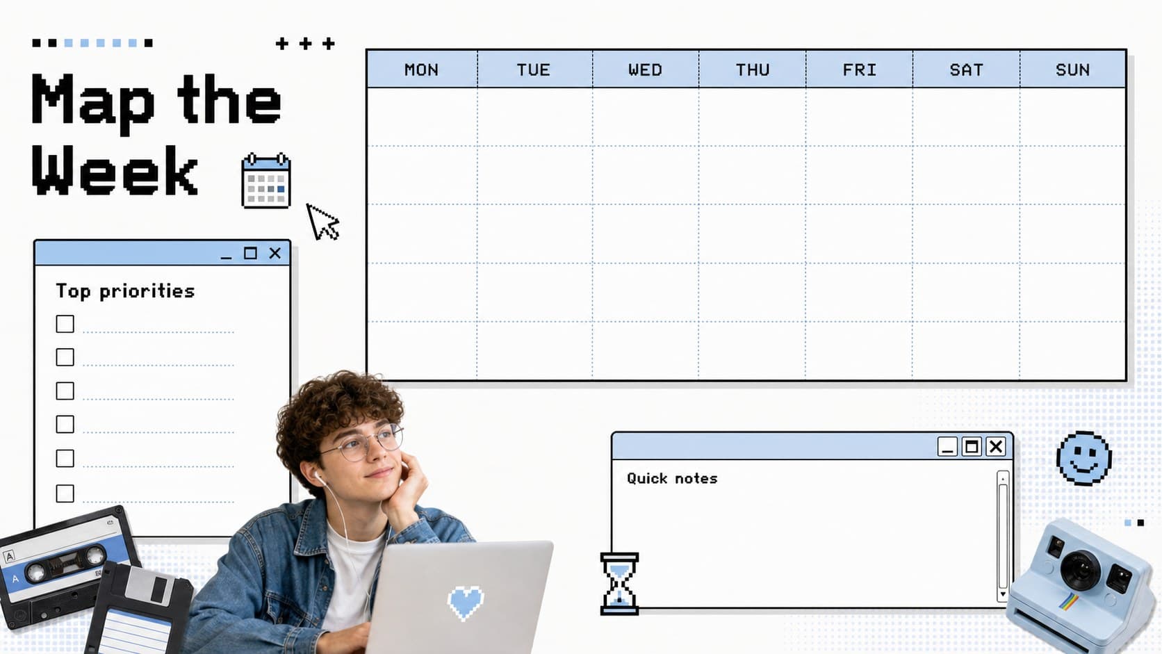 Weekly schedule and priority checklist layout from a digital journal presentation in a white retro interface.