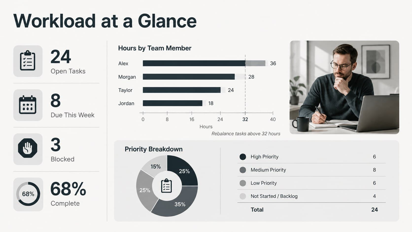 Employee workload tracking sheet with summary metrics and a balanced team capacity chart.