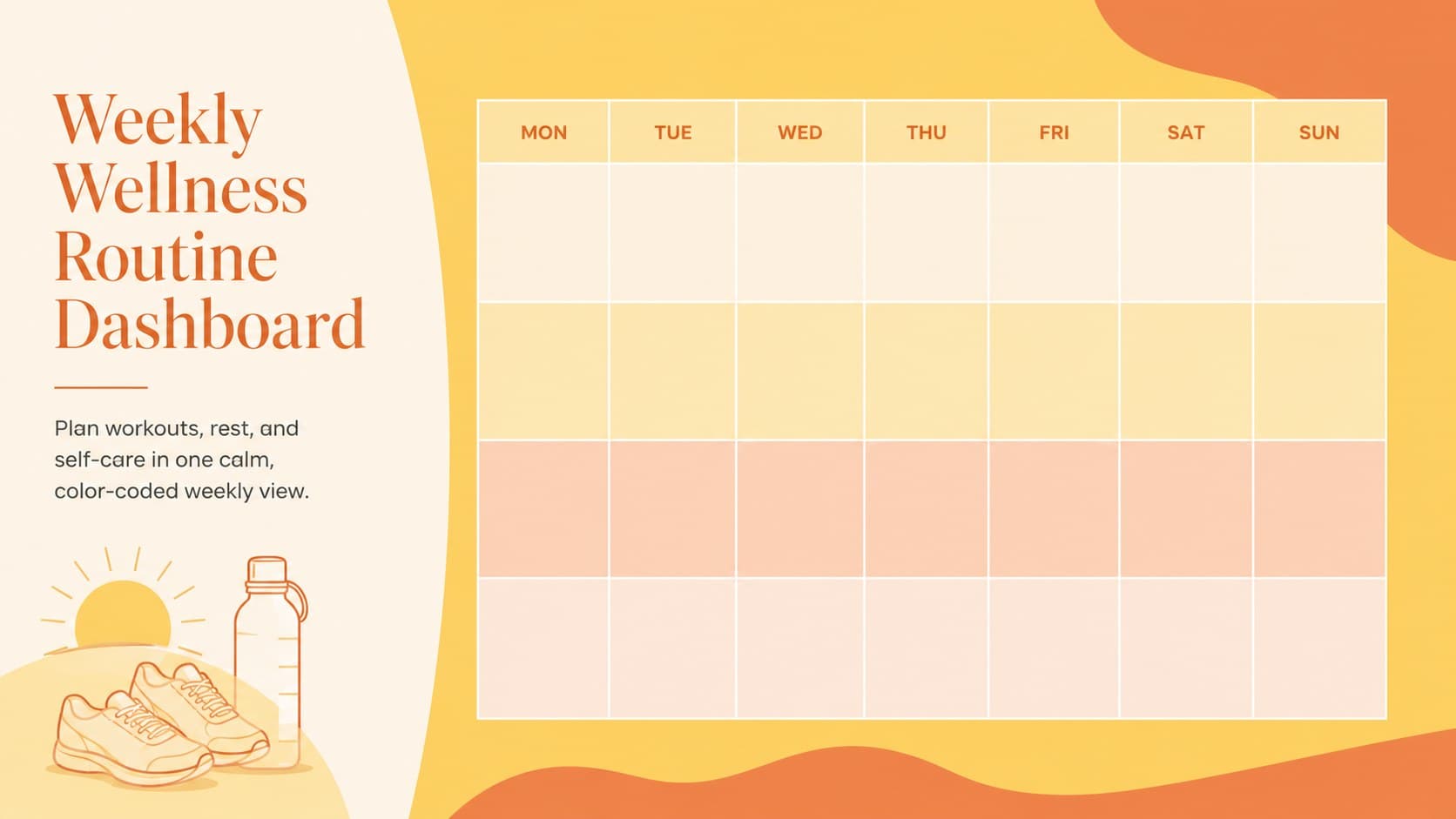 Minimalist yellow and orange cover slide for a weekly wellness routine dashboard with a calm self-care planning theme.