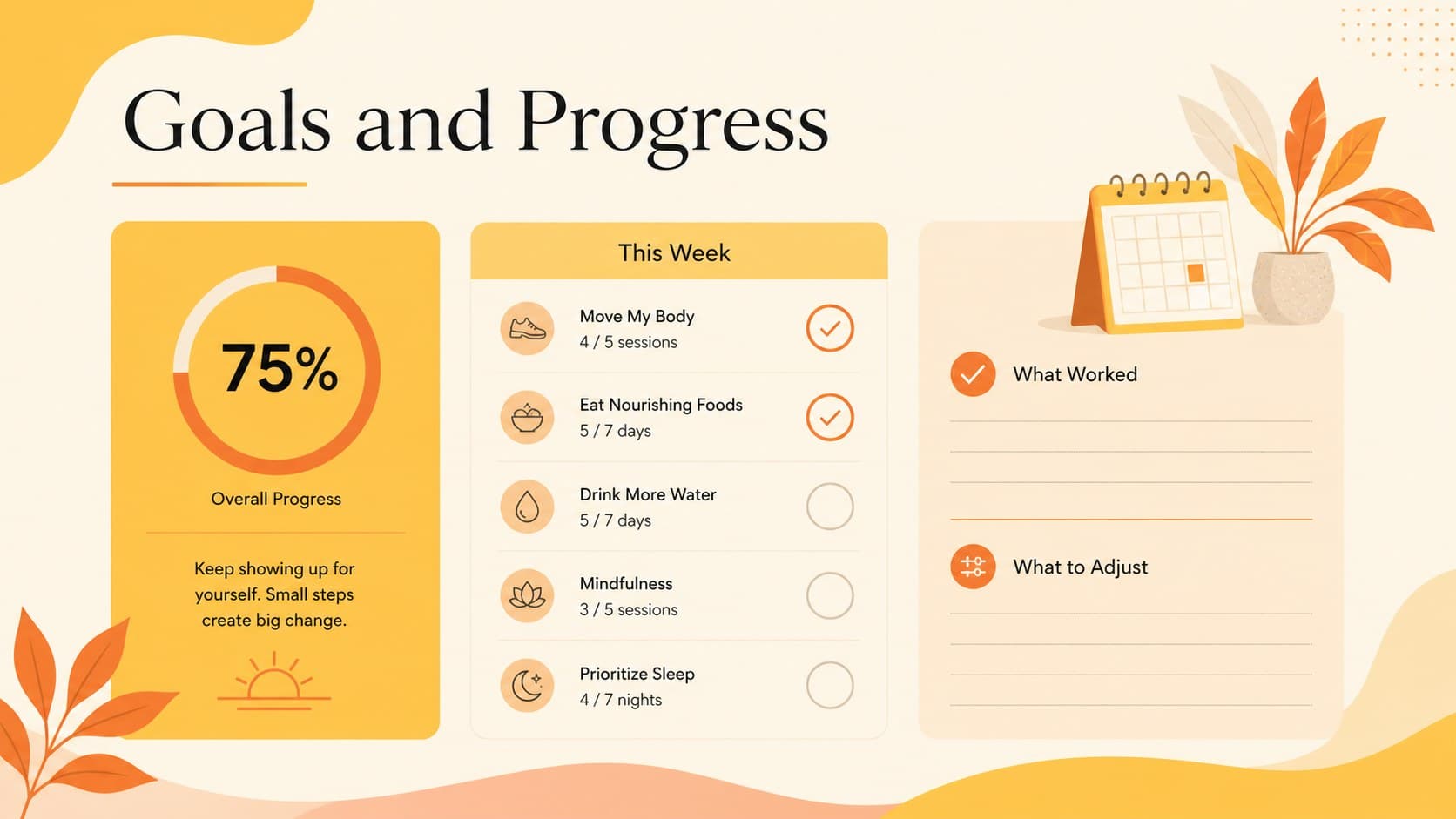 Editable wellness goal planner slide with color-coded targets, progress markers, and reflection notes in a bright minimalist layout.