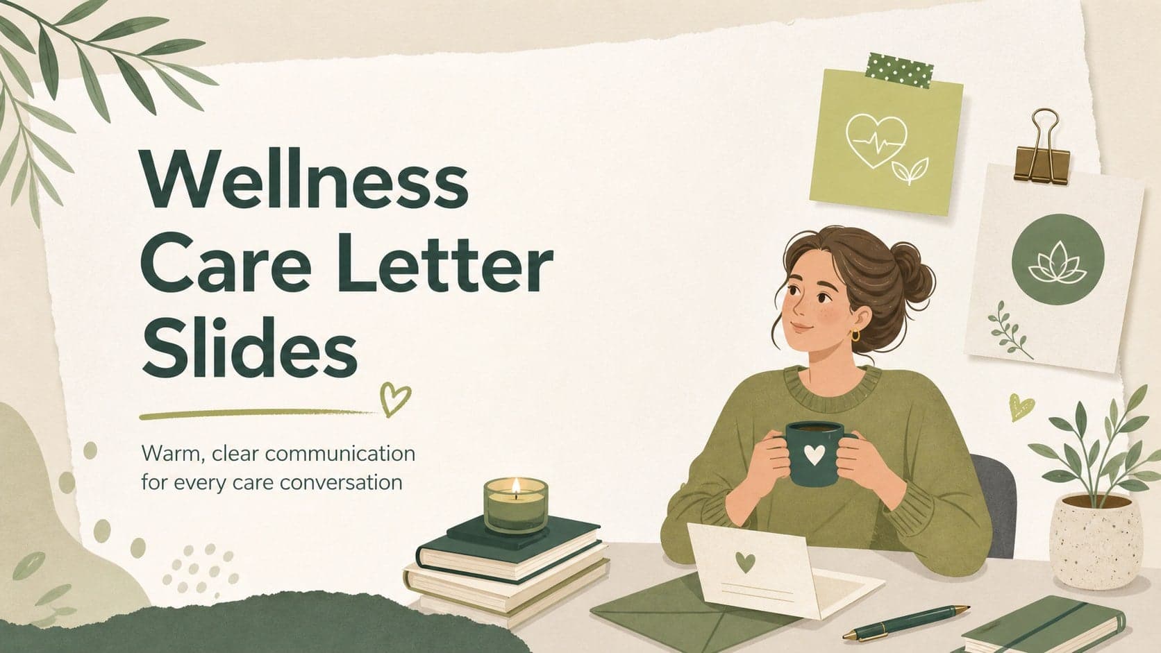 Cover slide for wellness care letter slides featuring an illustrated clinical communication theme in beige and green.