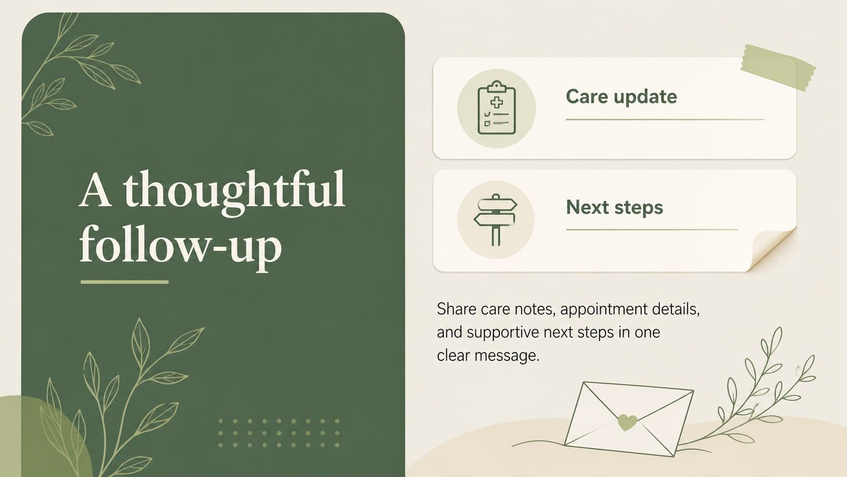 Structured patient follow-up message slide from an illustrated wellness care letter presentation.