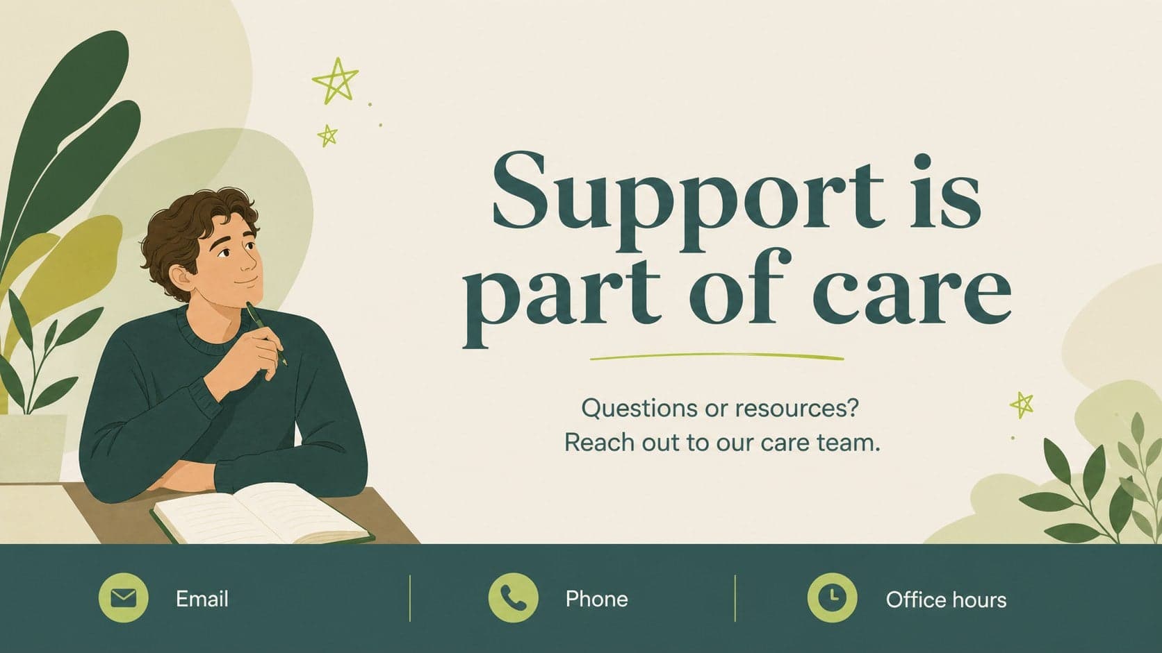 Closing contact and resource slide for an editable counseling office presentation with illustrated beige and green styling.
