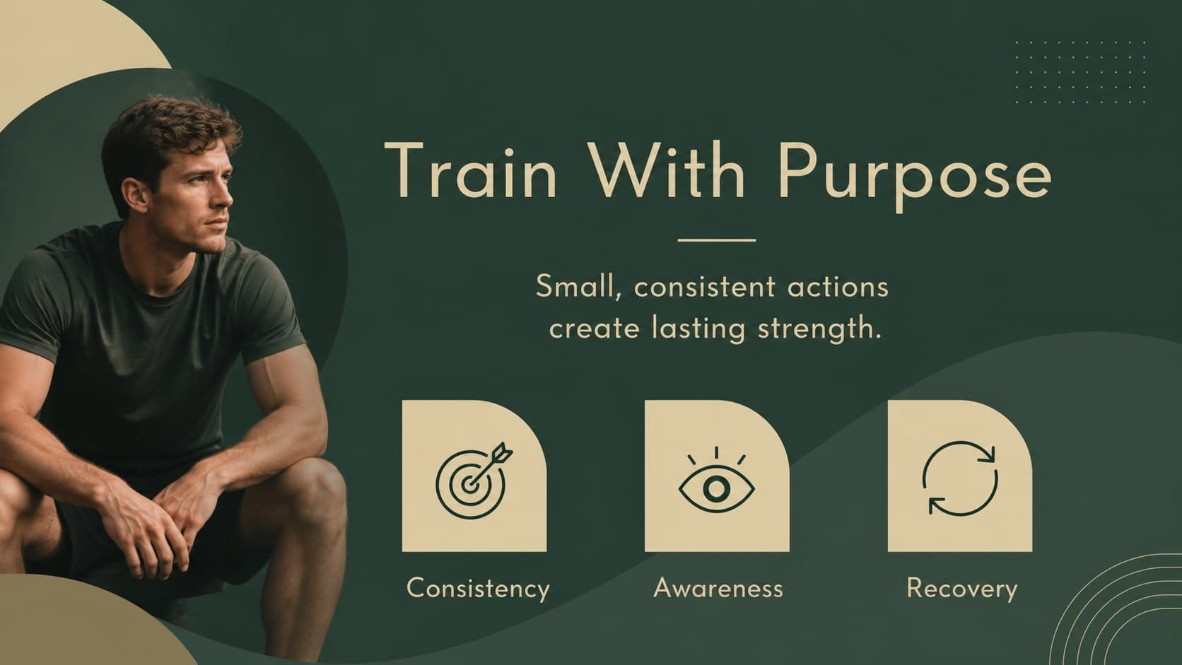 Wellness coaching philosophy slide with concise principles and geometric fitness graphics.