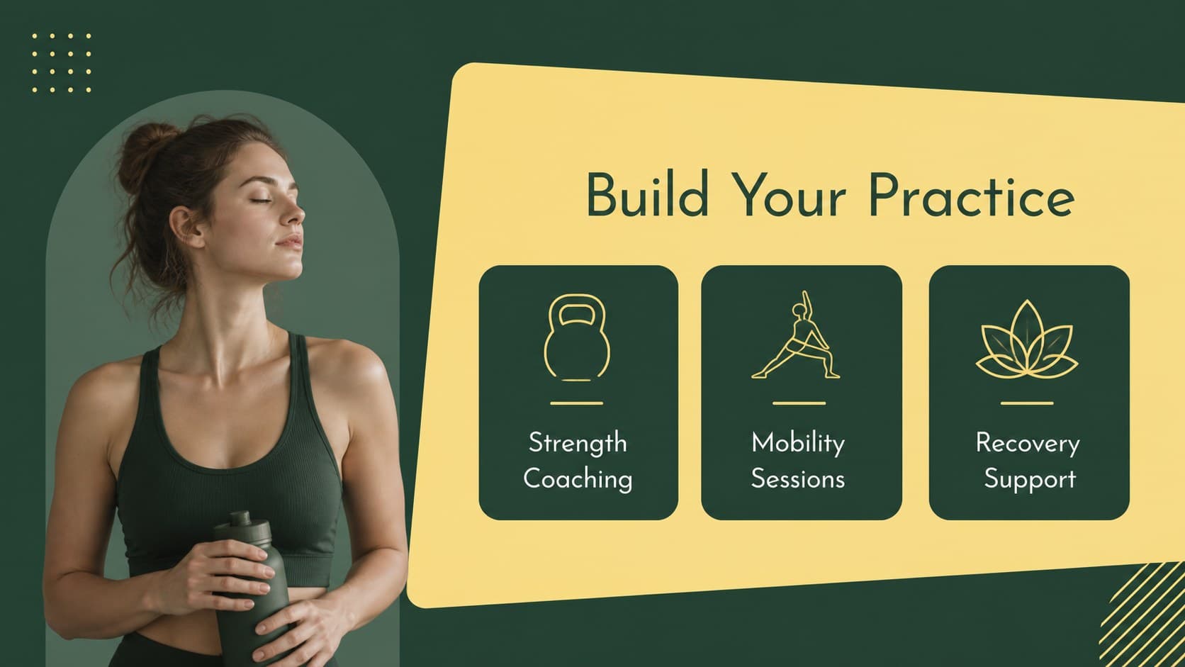 Fitness coaching services slide presenting strength, mobility, and recovery offerings.